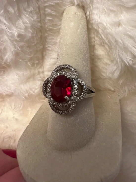 Silver Floral Halo Ring with Red Oval Gem - Picture 1 of 6